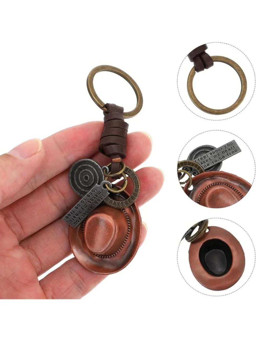 Vintage Leather Cowboy Hat Keychain, Western Style Key Ring for Men & Women